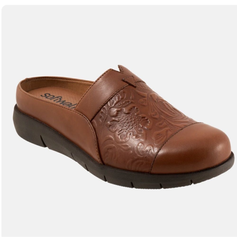 Softwalk San Marcos Brown Tooled Leather Orthotic Support Slide Mule Shoes
